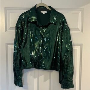 MARBLE Green Sequin Button Down Shirt